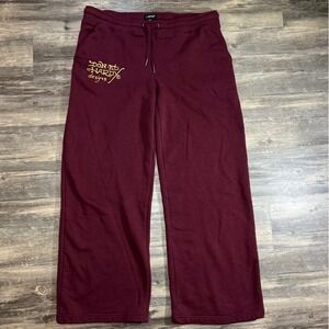 Y2K Ed Hardy Love Kills Slowly Skull Sweatpants XL Burgundy Wide Leg